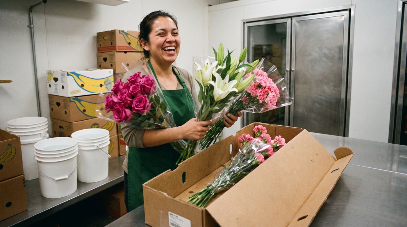 A store associate unpacking a box of flowers in the back room