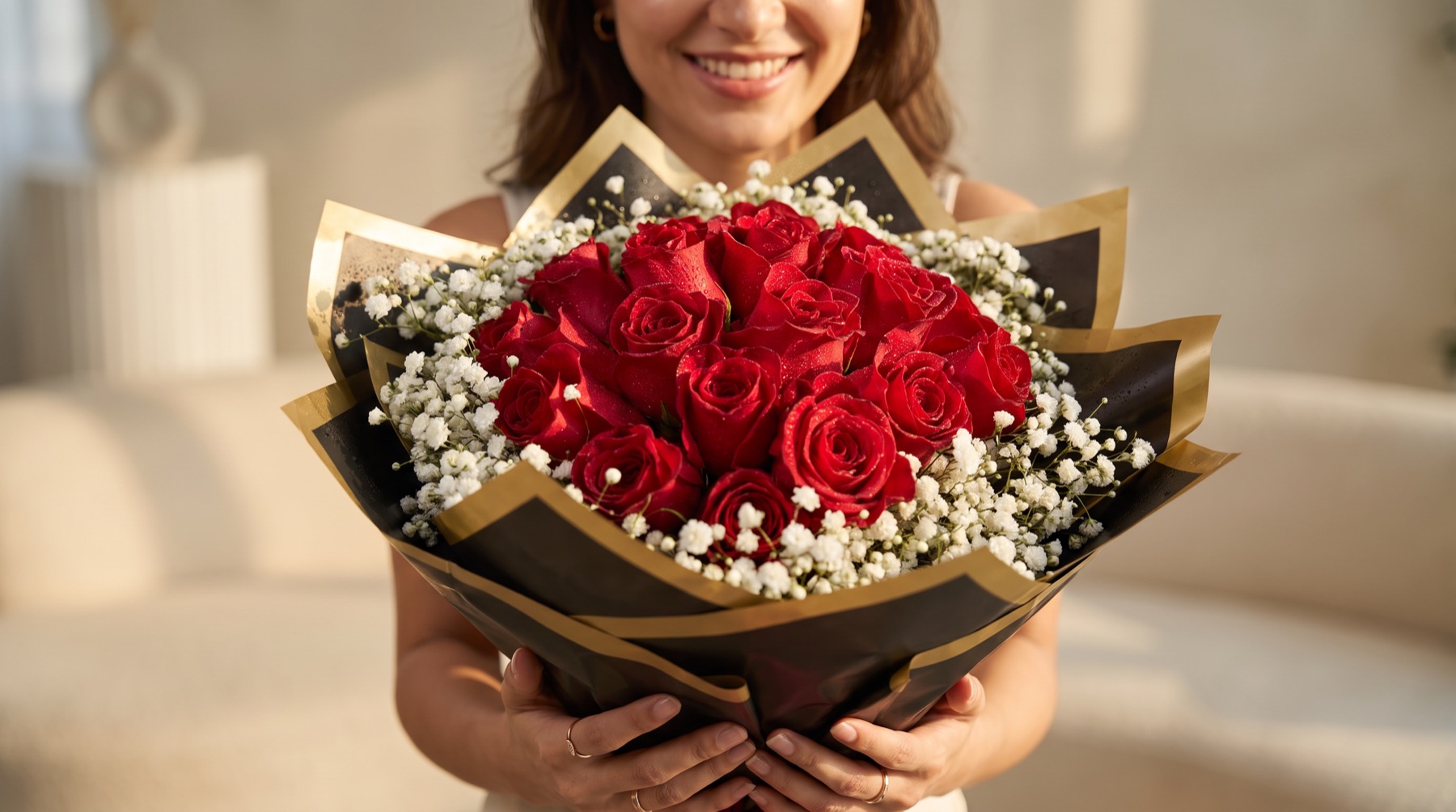 A large rose bouquet in black and gold paper