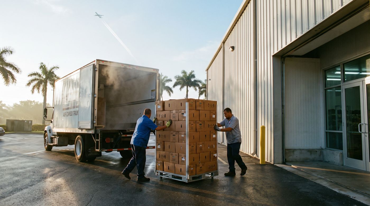 Boxes being unloaded from a truck at a Miami warehouse