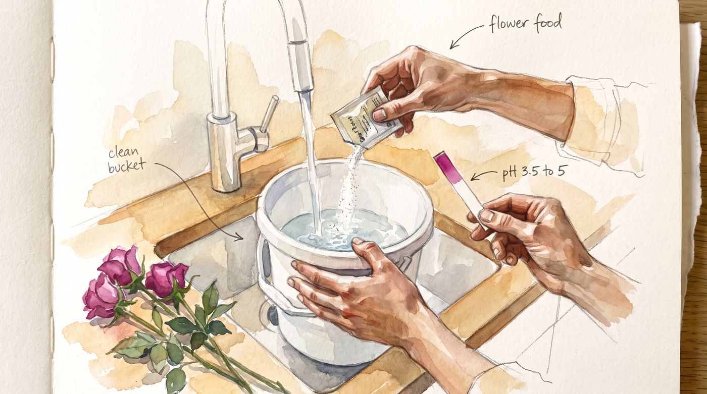 Watercolor: flower food poured into a clean bucket